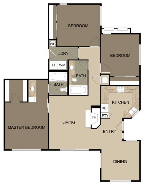 Floor plan for 3 beds, 2 baths, 1239 sqft